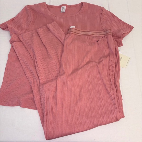 Calvin Klein Ribbed Pajama Set Top & Pants Rose Pink Women's Size XL tee & pants - Picture 1 of 8
